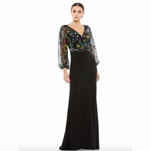 Mac Duggal Black Maxi Dress with Multicolor Floral Bodice